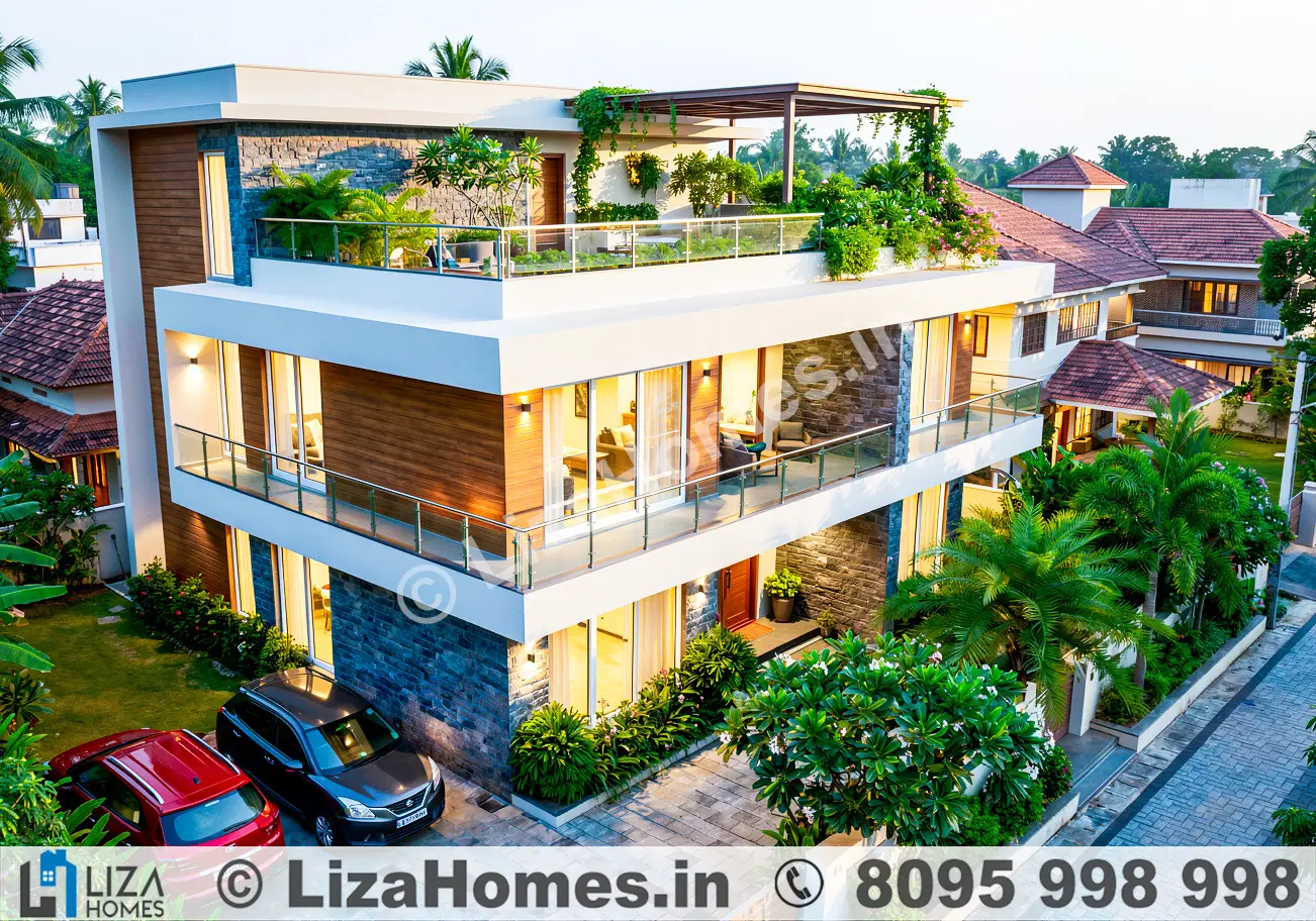 Architectural 3D visualization - Corner site elevation design Bengaluru 3D front elevation