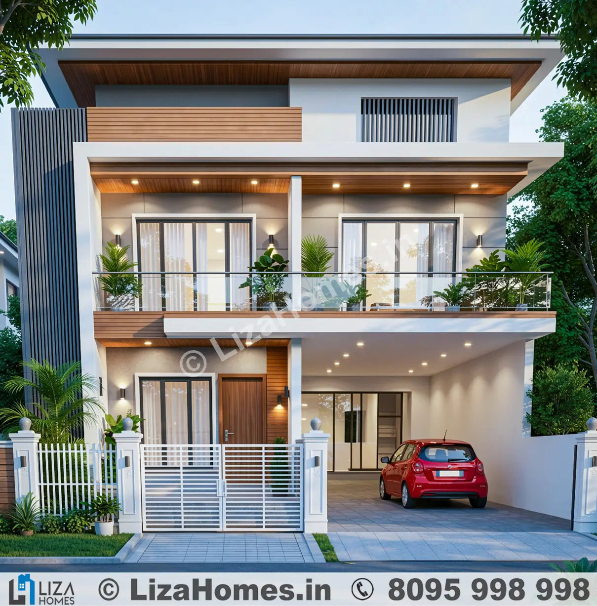 Modern house elevation - 3D house design with terrace garden and green exterior