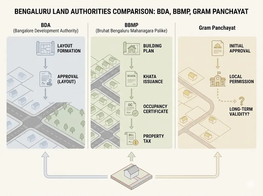 BDA BBMP Gram Panchayat jurisdiction comparison infographic for Bengaluru plot owners