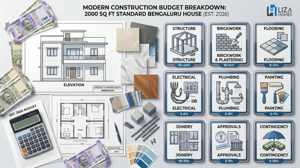 2000 sq ft house construction budget breakdown example in Bengaluru for 2026 showing structure, flooring, electrical, plumbing, painting, joinery, and contingency costs