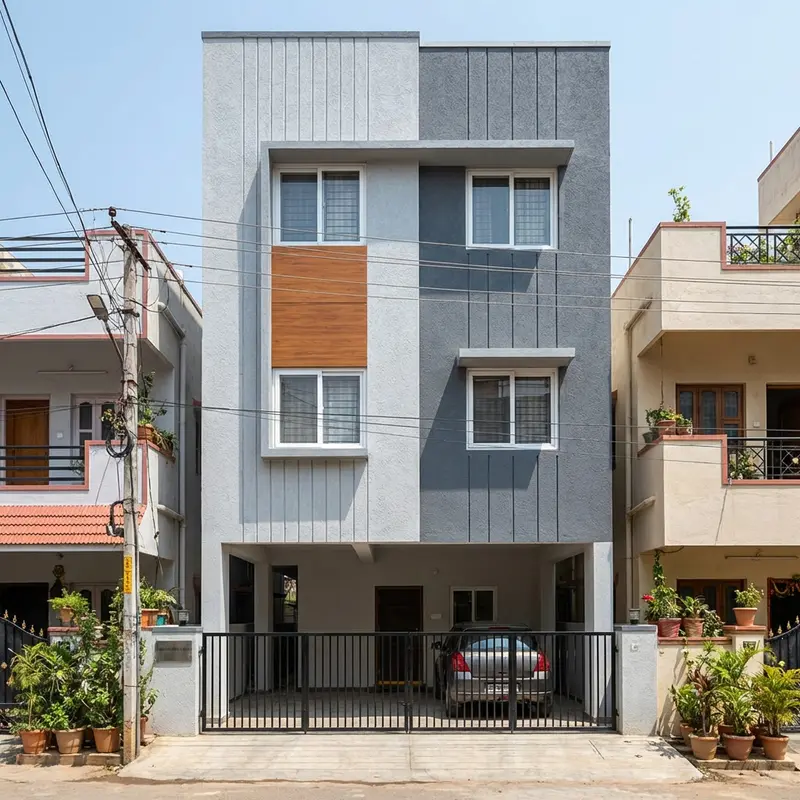 Modern G+2 narrow house facade on 20x30 plot in Bengaluru with grey and wood finish - Liza Homes project 2026