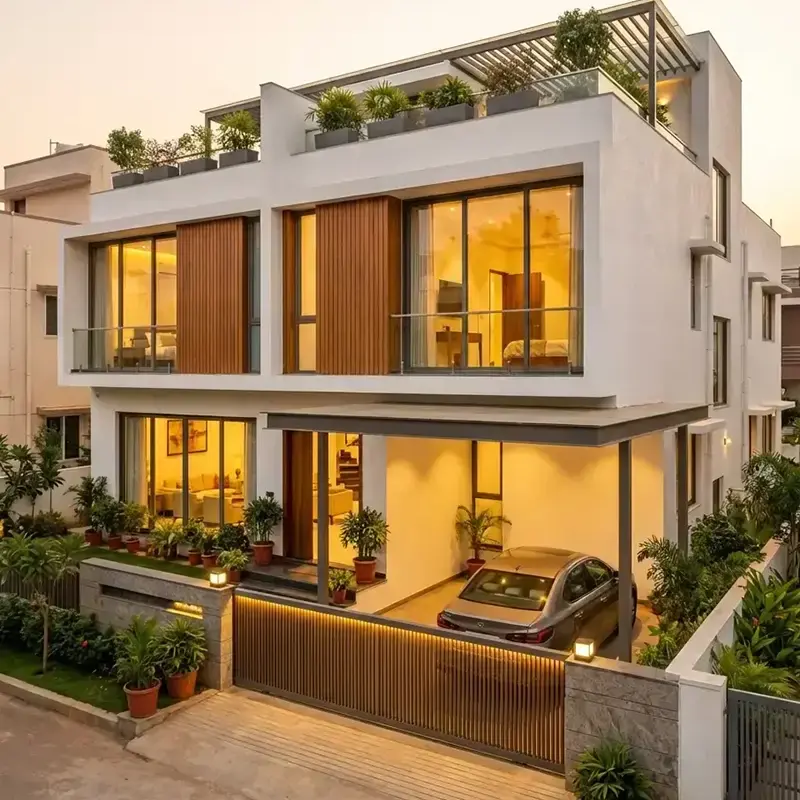 Modern G+1 duplex house built on 30x40 site in Bengaluru with contemporary elevation, car parking, and terrace garden - Liza Homes construction project 2026