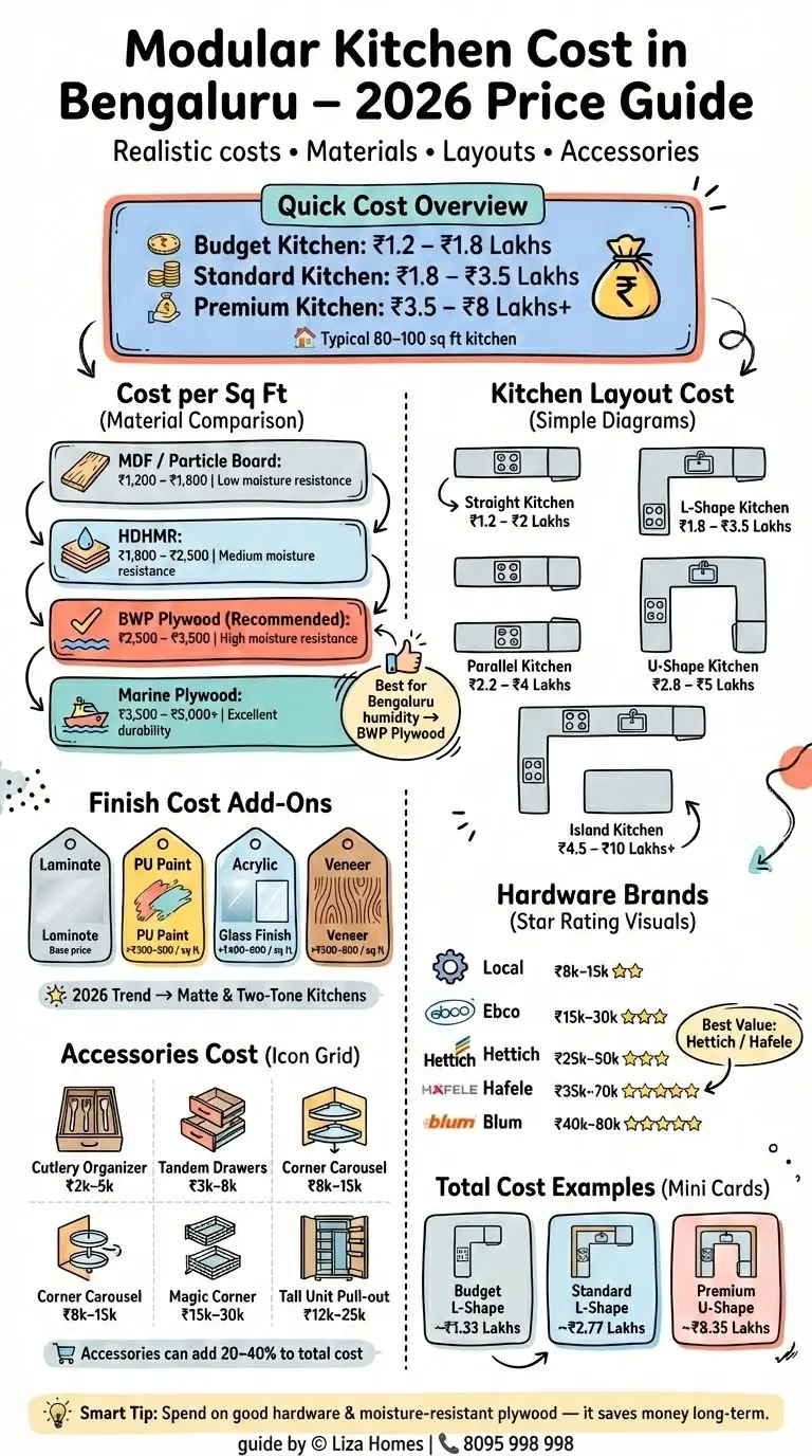 Modular kitchen cost in Bengaluru 2026 - detailed price breakdown for L-shape, U-shape and parallel kitchen layouts
