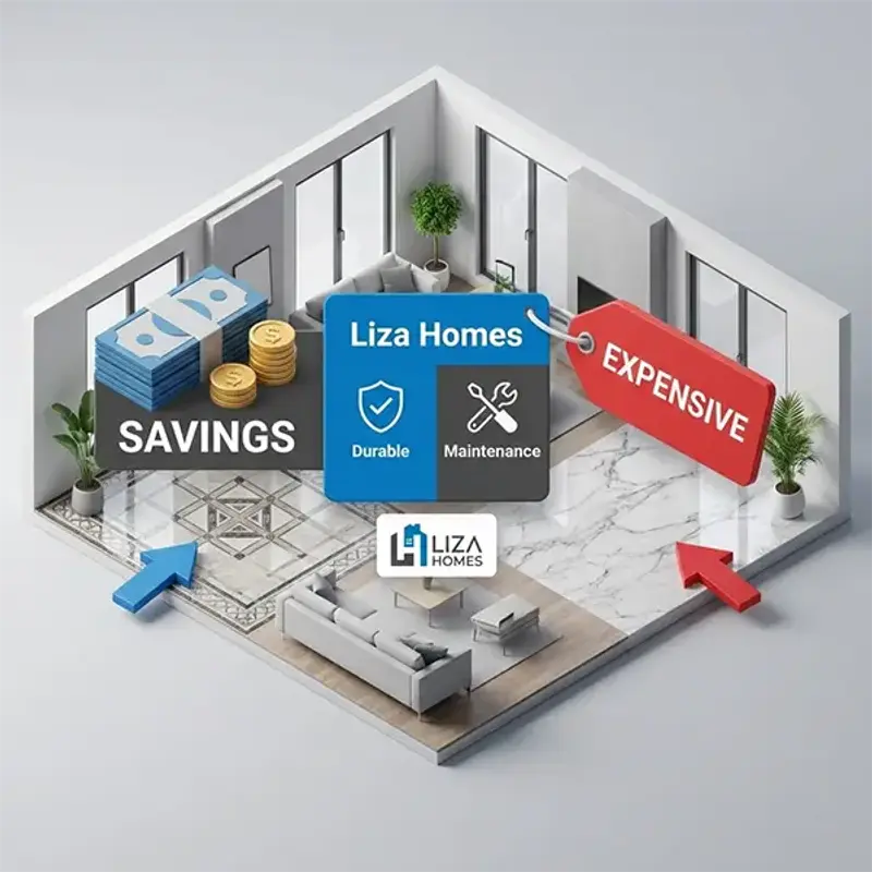 3D render showing Marble vs Full Body Vitrified Tiles price comparison and durability benefits for Indian homeowners - Liza Homes 2026