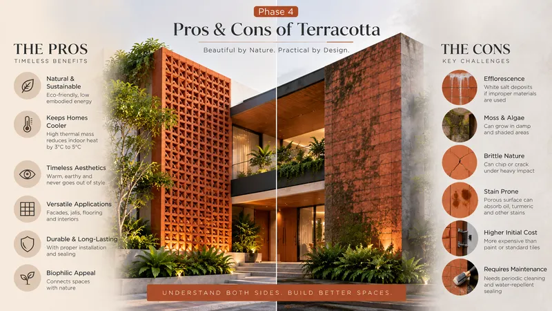 Architectural comparison illustrating terracotta durability, microporous thermal breathability and weather patina across tropical seasons