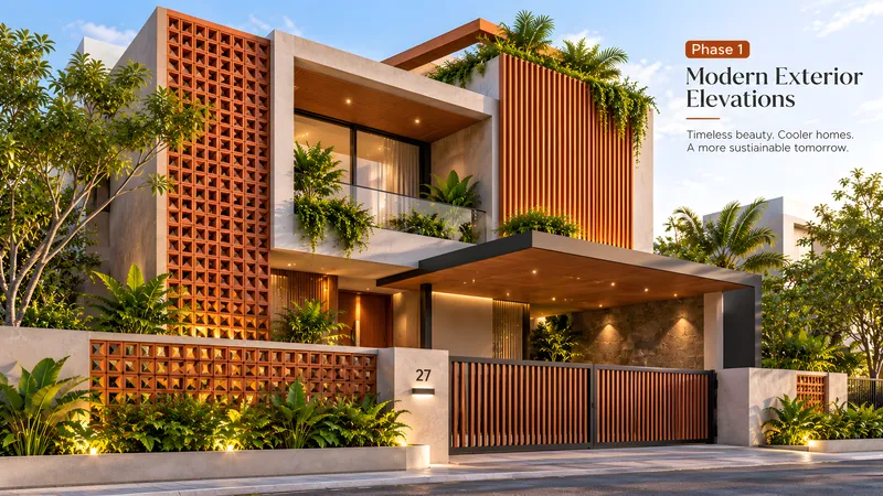 Modern luxury home exterior elevation showcasing terracotta jali screen facade, extruded clay louvers and natural breeze blocks - 2026-2027 architectural elevation trend