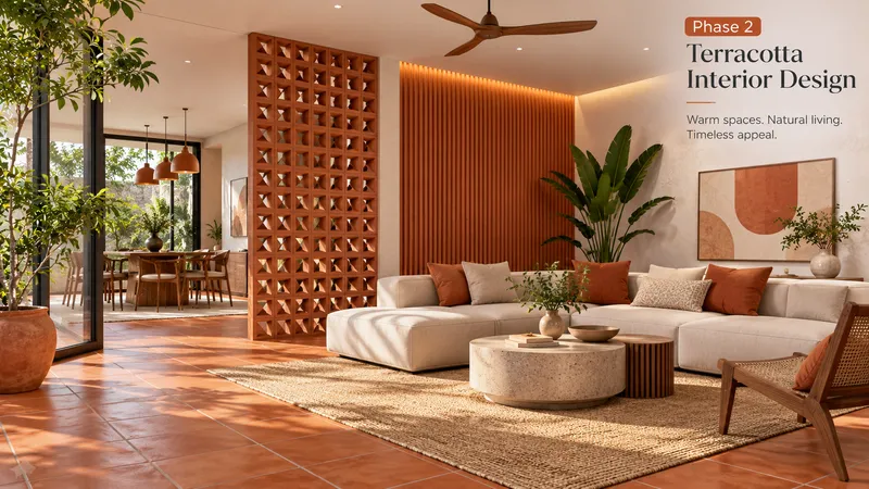 Warm contemporary living room interior featuring handmade unglazed cotto floor tiles, exposed terracotta filler slab ceiling and fluted clay accent wall