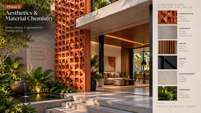 Biophilic architectural material palette pairing exposed raw concrete, warm teakwood grain and burnt orange terracotta clay tiles for modern villa elevation