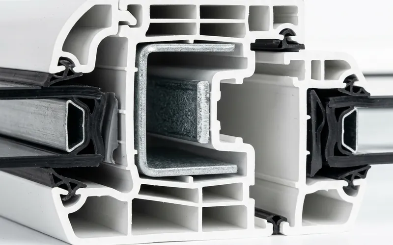 Technical cross-section cutaway of a multi-chambered uPVC window profile showing internal GI steel reinforcement and EPDM seals