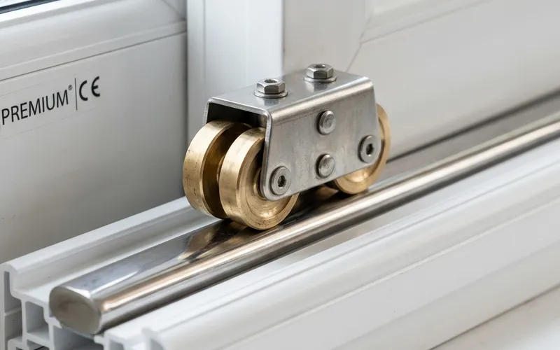 Double brass needle-bearing rollers gliding smoothly on a stainless steel track rail inside a uPVC frame