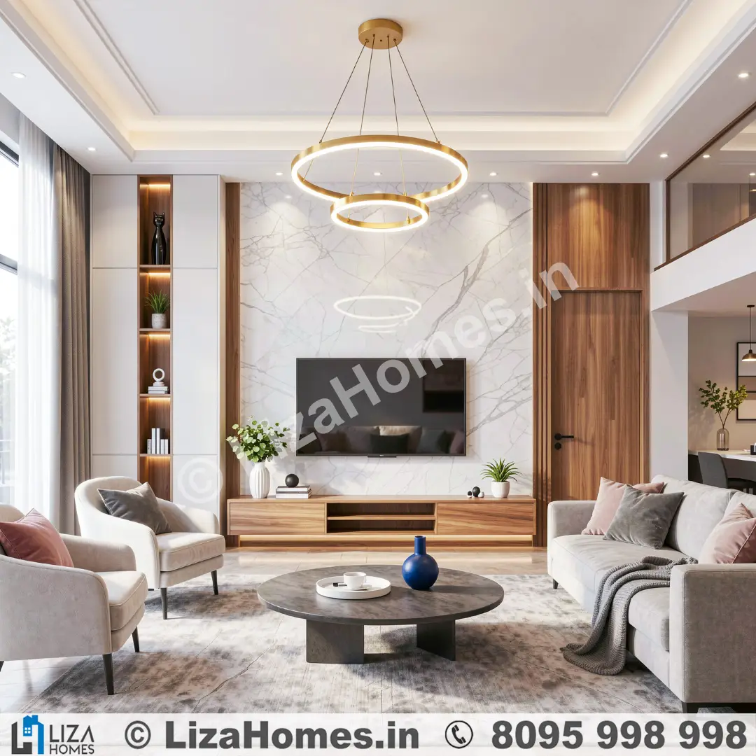 Luxury Wood Finish Living Room TV Set - 3D house design and 3D front elevation by Liza Homes Bengaluru