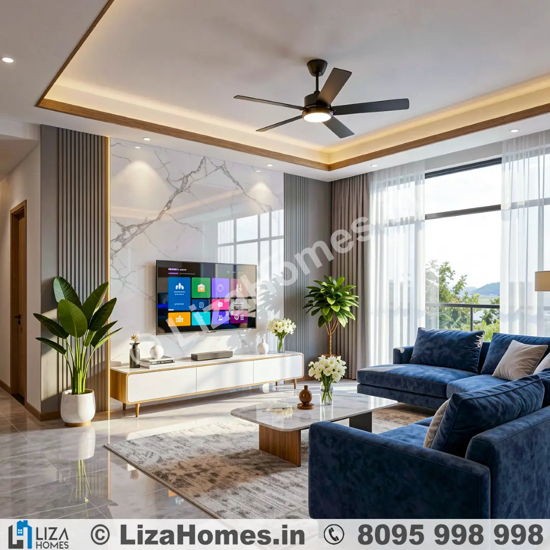 Modern Living Room with Custom TV Unit - 3D house design and 3D front elevation by Liza Homes Bengaluru