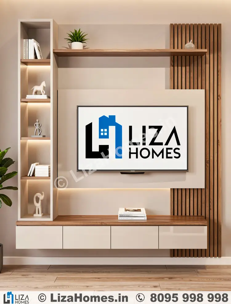 Simple Modern Bedroom TV Unit - 3D house design and 3D front elevation by Liza Homes Bengaluru