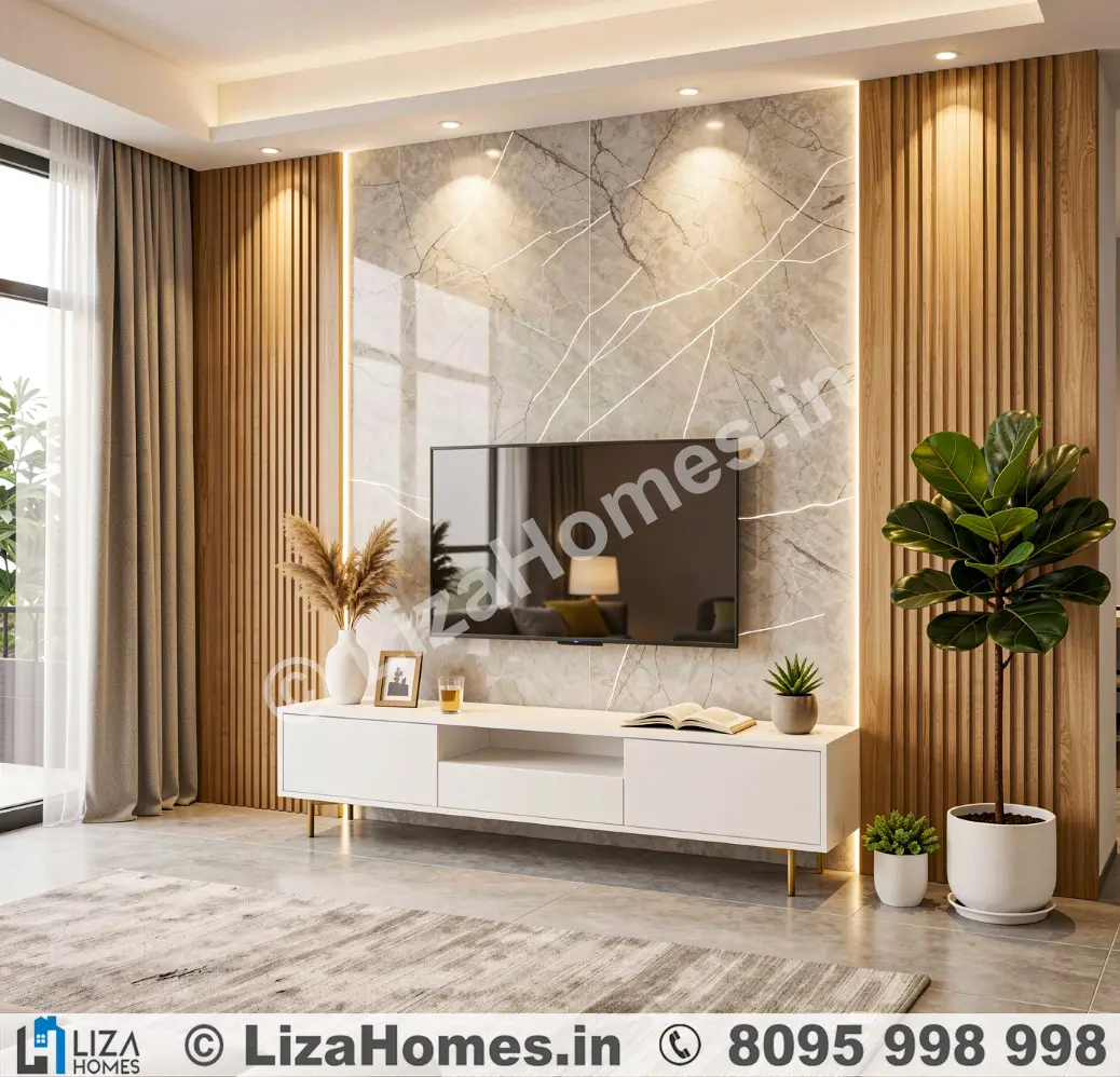 Sleek Floating TV Console Design - 3D house design and 3D front elevation by Liza Homes Bengaluru
